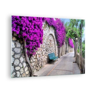 Impression sur verre - Image sur verre - Un mur de pierre avec des fleurs violettes et un banc le long du chemin - 70x50cm - Rencontrons-nous au plus vite - Décoration murale moderne pour le salon et la chambre ARTTOR