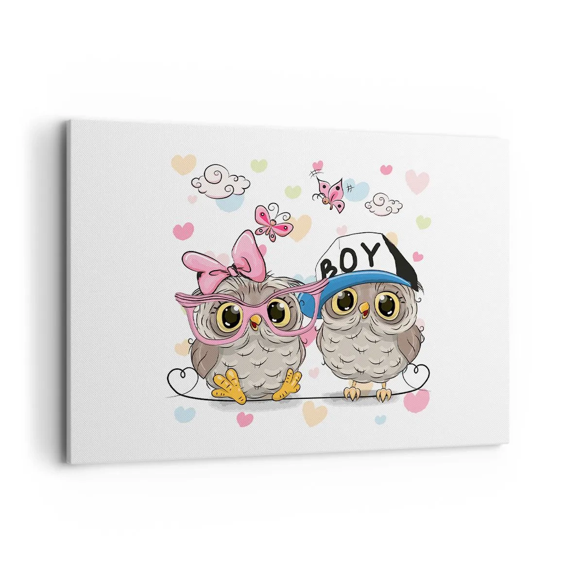 Impression sur toile - Image sur toile - Deux adorables hiboux entourés de cœurs - 100x70cm - On s'aime! - Décoration murale moderne pour le salon et la chambre ARTTOR