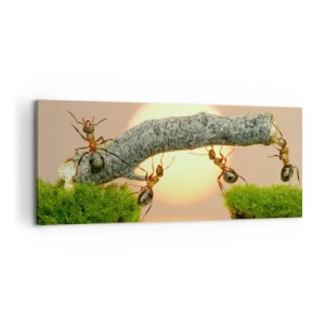 Impression sur toile - Image sur toile - Des fourmis construisent un pont de branches sur fond de soleil couchant. - 120x50cm - La joie, travaille d'équipe - Décoration murale moderne pour le salon et la chambre ARTTOR