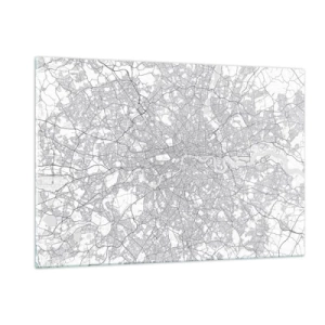 Impression sur verre - Image sur verre - Une carte en noir et blanc avec un quadrillage de rues dense dans un style minimaliste. - 120x80cm - Carte du labyrinthe londonien - Décoration murale moderne pour le salon et la chambre ARTTOR