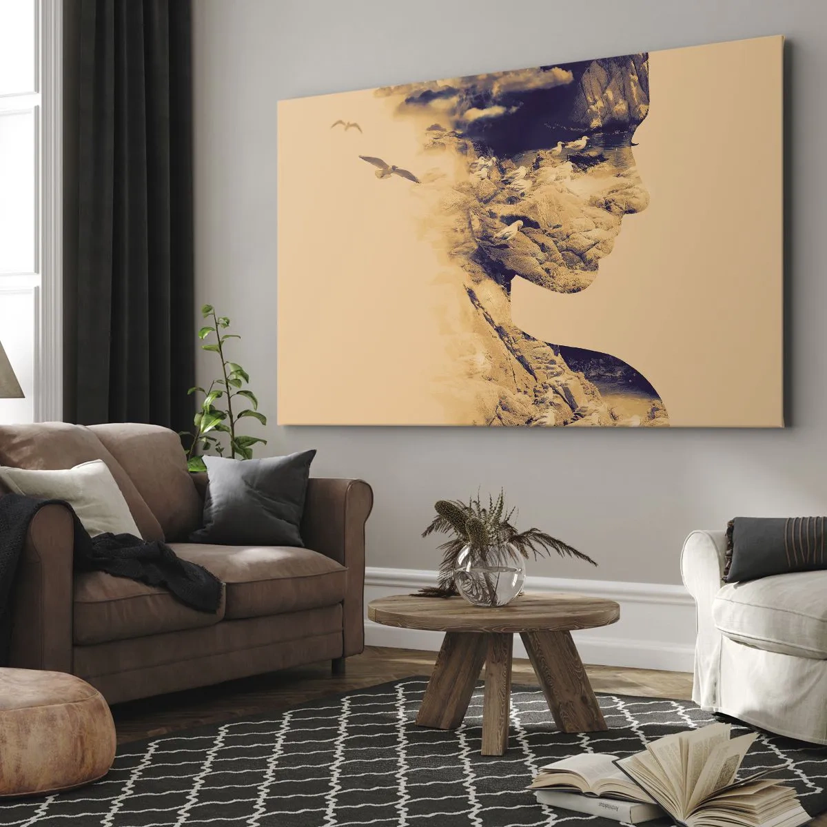 Impression sur toile - Image sur toile - Profil d'une femme avec la nature en arrière-plan dans des tons chauds - 100x70cm - Beauté de la nature - Décoration murale moderne pour le salon et la chambre ARTTOR