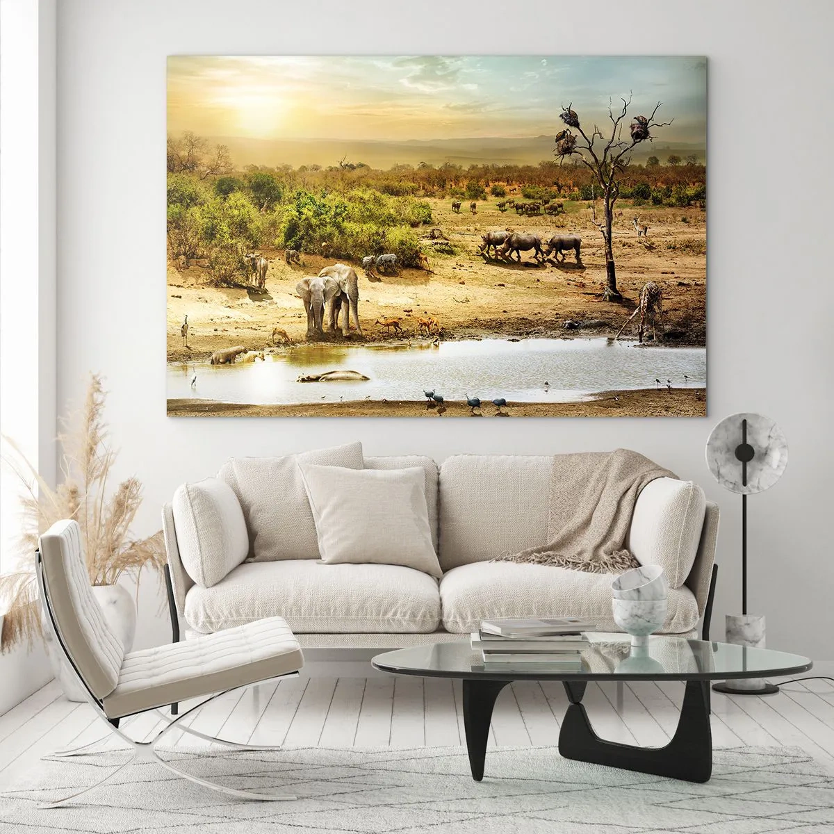 Impression sur verre - Image sur verre - Éléphants et animaux à un point d'eau sur fond de paysage africain - 70x50cm - "Et d'Eden coulait une rivière..." - Décoration murale moderne pour le salon et la chambre ARTTOR