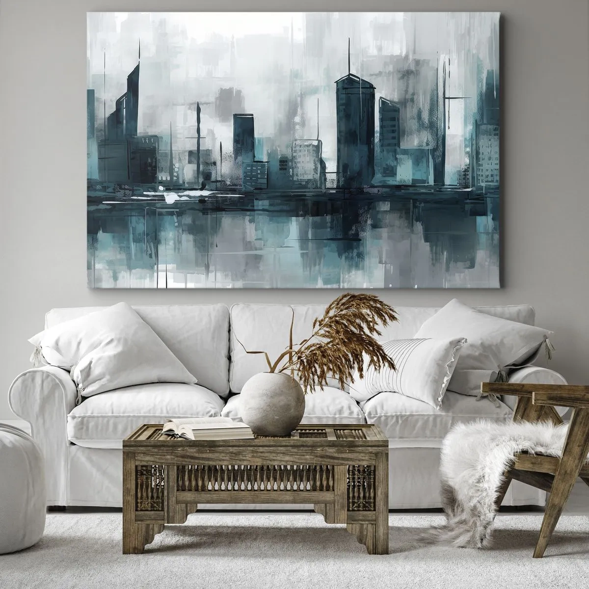 Impression sur toile - Image sur toile - Une ville moderne aux tons turquoise et gris - 100x70cm - Une ville couleur de pluie - Décoration murale moderne pour le salon et la chambre ARTTOR