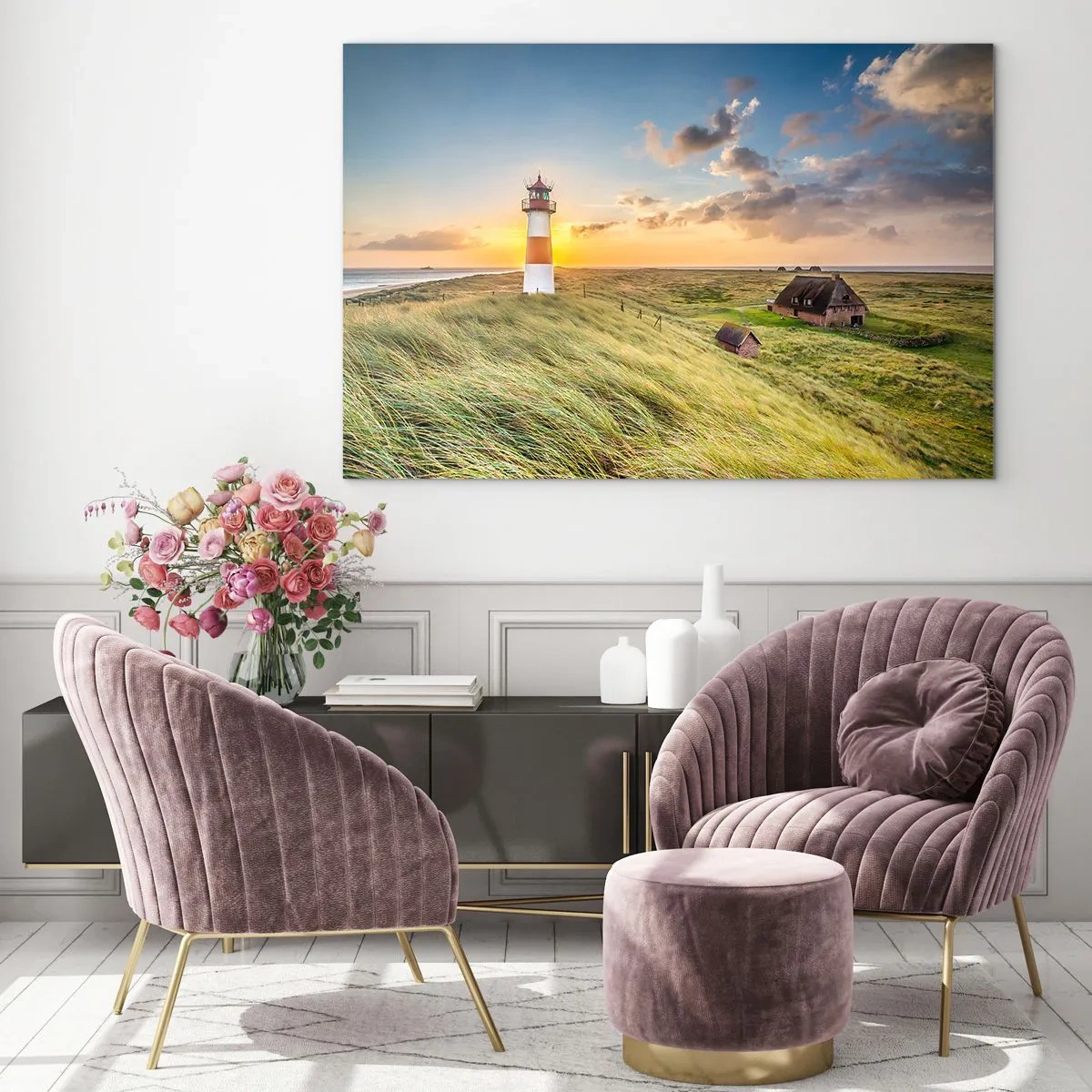 Impression sur verre - Image sur verre - Un phare au soleil couchant sur une mer agitée - 120x80cm - Entre les vagues - Décoration murale moderne pour le salon et la chambre ARTTOR