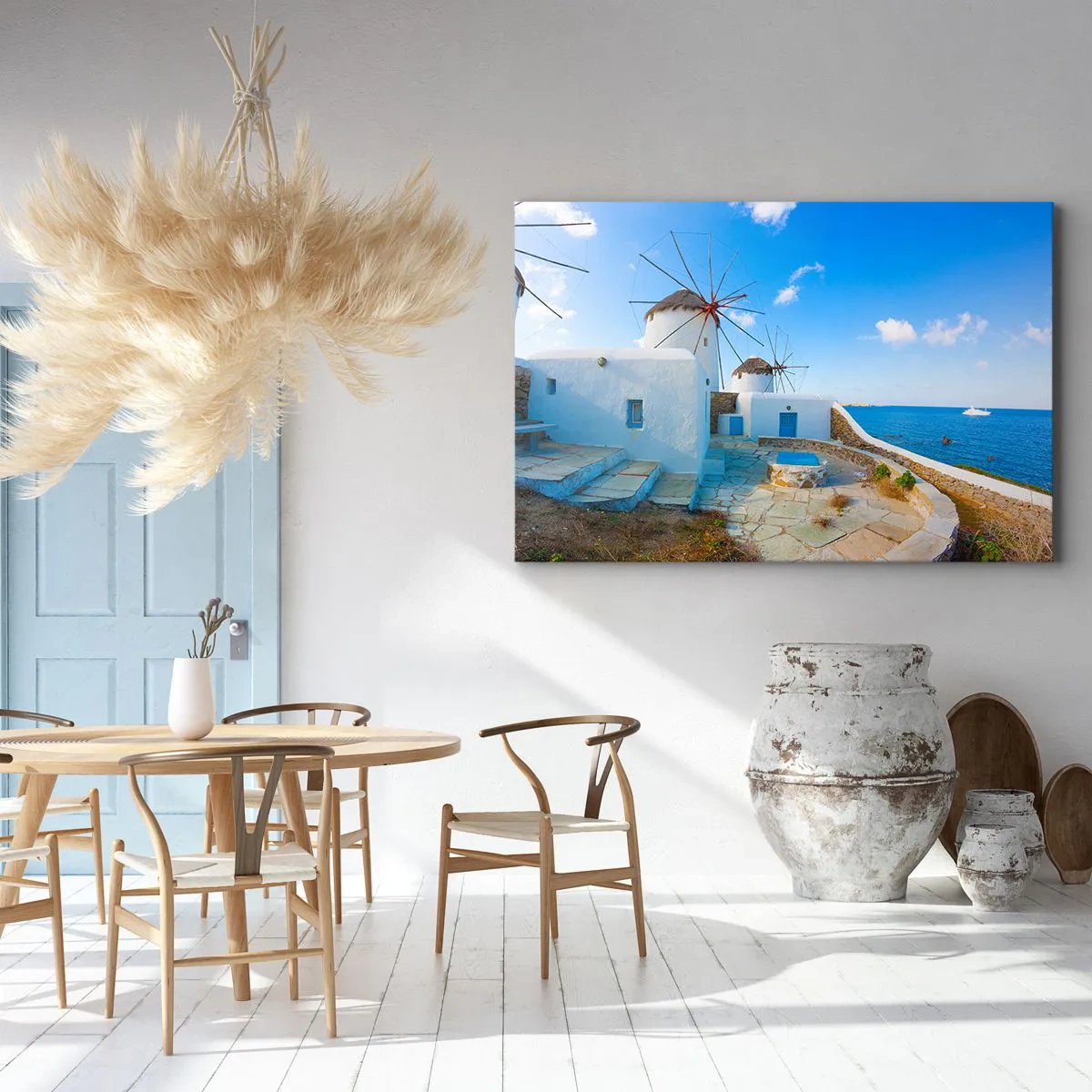 Impression sur toile - Image sur toile - Des moulins à vent blancs sur les rives de la mer bleue - 70x50cm - Le vent bleu de la mer - Décoration murale moderne pour le salon et la chambre ARTTOR