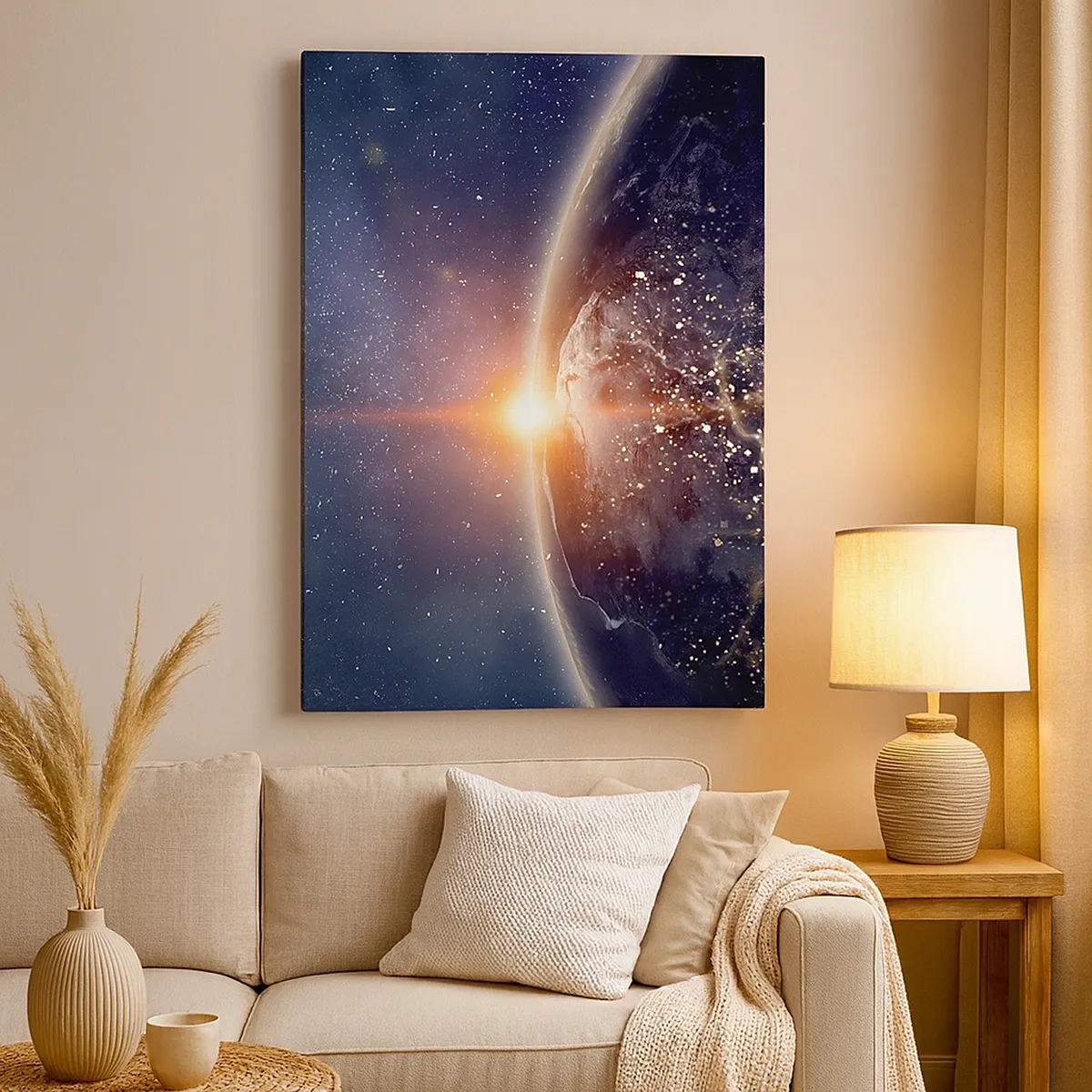 Impression sur toile - Image sur toile - La Terre vue de l'espace avec le soleil levant - 50x70cm - Dans une nouvelle perspective - Décoration murale moderne pour le salon et la chambre ARTTOR