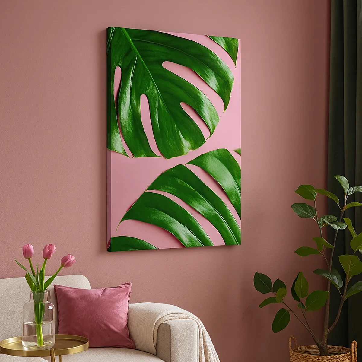 Impression sur toile - Image sur toile - Feuilles de monstera vertes sur fond rose - 50x70cm - Rendez-vous vert - Décoration murale moderne pour le salon et la chambre ARTTOR
