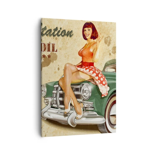 Impression sur toile - Image sur toile - Affiche rétro de la Route 66 avec une pin-up et une voiture - 50x70cm - Les superbes années 40. - Décoration murale moderne pour le salon et la chambre ARTTOR