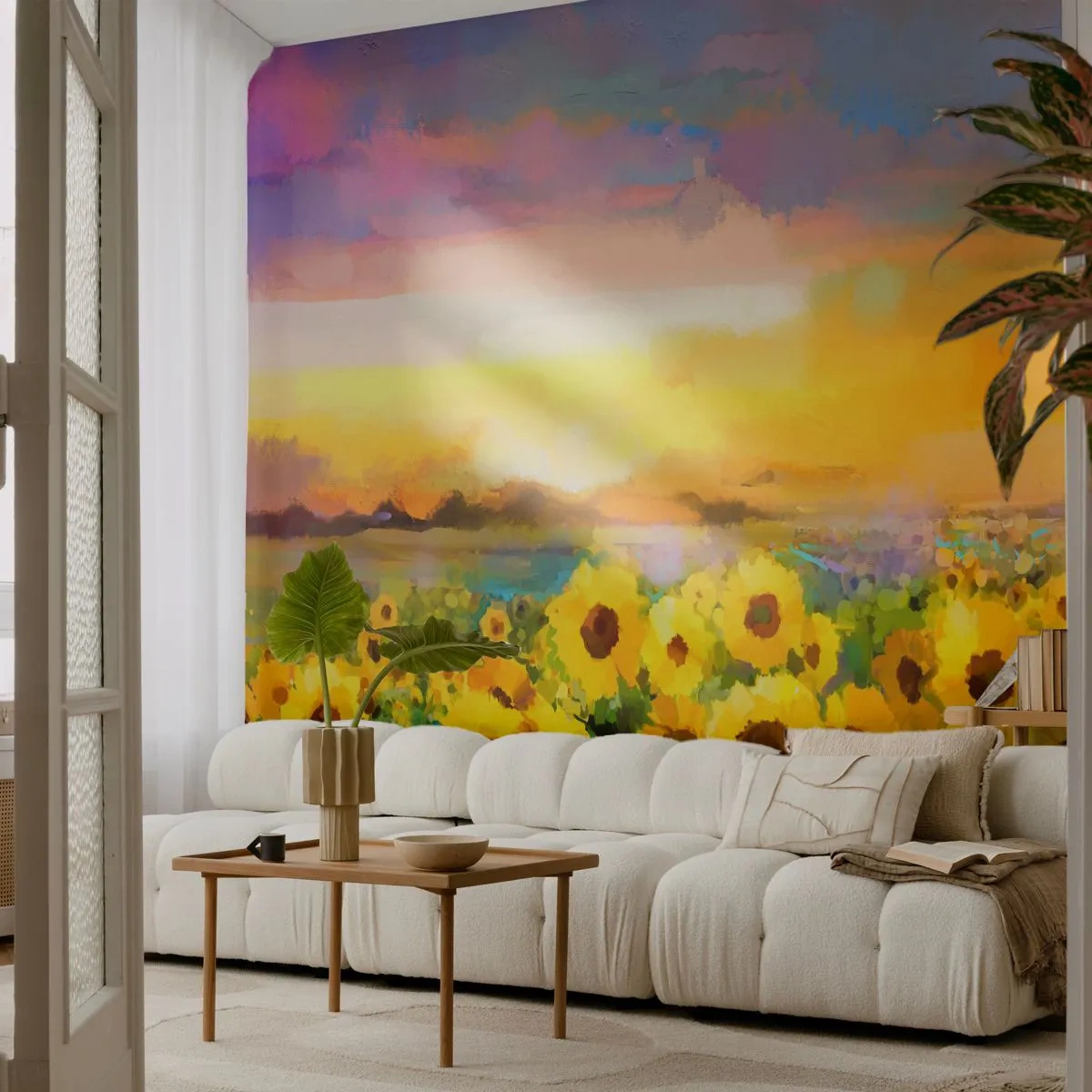 Papier Peint Photo Premium Sand - Un champ de tournesols dans les rayons du soleil couchant - 100x70cm - Le soleil lui-même est descendu sur terre - Décoration murale moderne pour le salon et la chambre ARTTOR