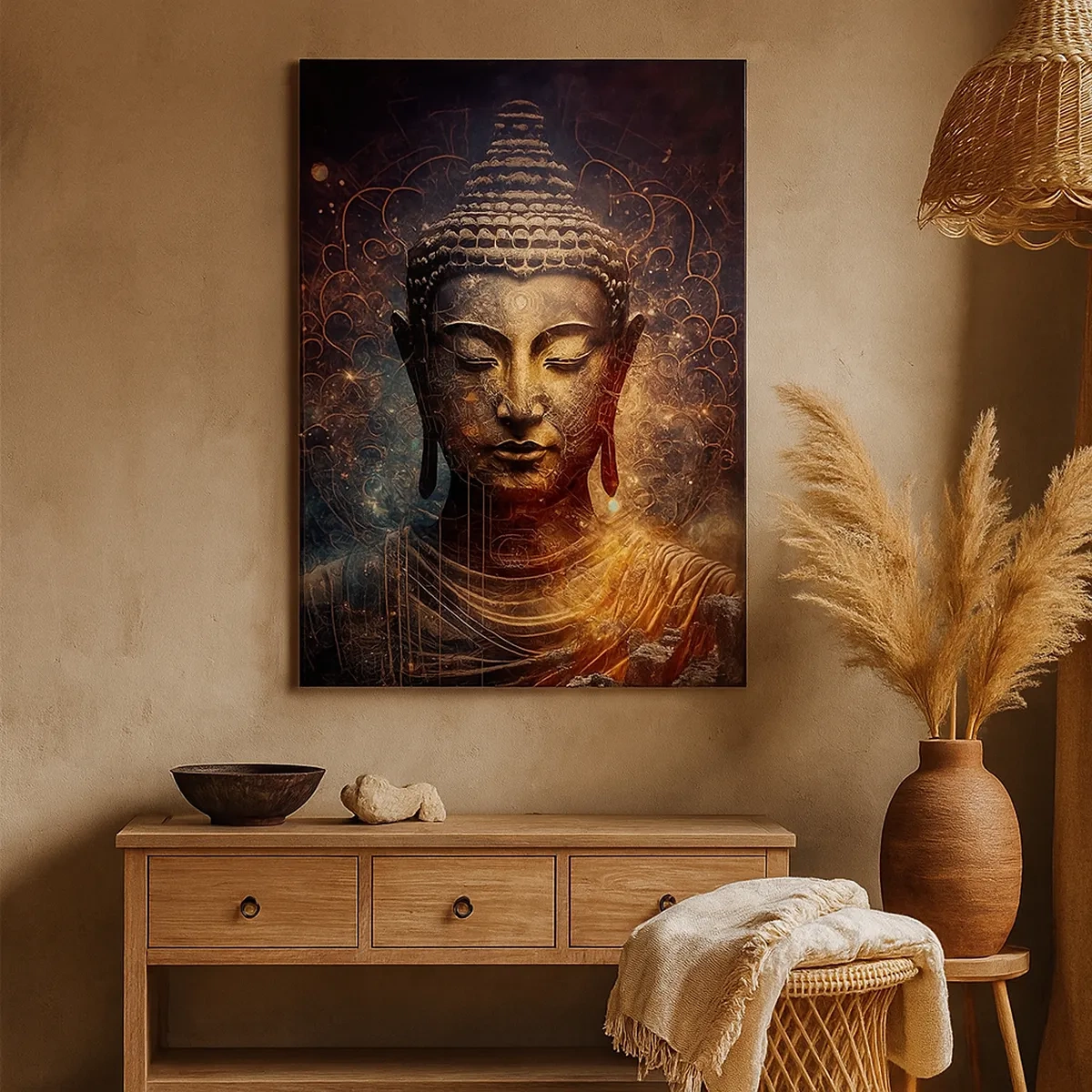 Impression sur toile - Image sur toile - Bouddha doré sur fond sombre avec ornements - 50x70cm - Équilibre spirituel - Décoration murale moderne pour le salon et la chambre ARTTOR