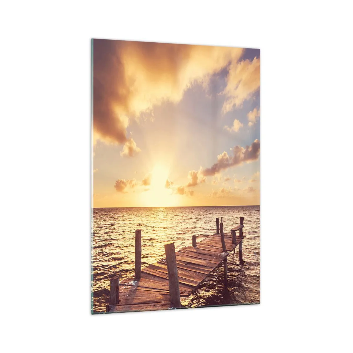 Impression sur verre - Image sur verre - Une jetée en bois menant vers le coucher du soleil - 70x100cm - La terre d'or de la douceur - Décoration murale moderne pour le salon et la chambre ARTTOR