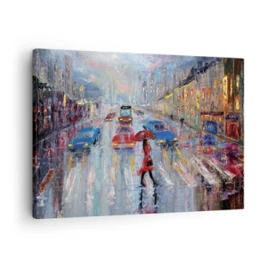 Impression sur toile - Image sur toile - Une femme avec un parapluie dans une rue pluvieuse à la lumière du néon. - 70x50cm - Après-midi pluvieux en ville - Décoration murale moderne pour le salon et la chambre ARTTOR