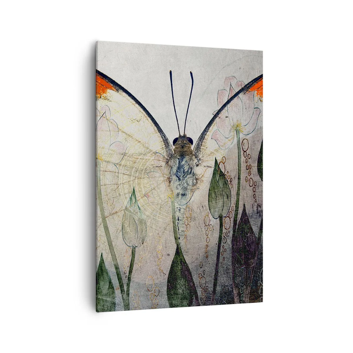 Impression sur toile - Image sur toile - Un papillon aux ailes orange sur un fond de fleurs stylisées. - 70x100cm - "Où est le papillon qui se balance sur l'herbe" - Décoration murale moderne pour le salon et la chambre ARTTOR