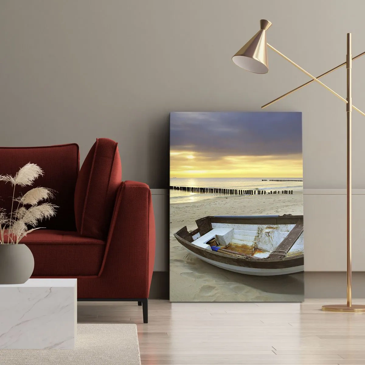 Impression sur toile - Image sur toile - Un bateau sur une plage de sable au coucher du soleil - 50x70cm - Il n'y a pas de plus belles plages - Décoration murale moderne pour le salon et la chambre ARTTOR