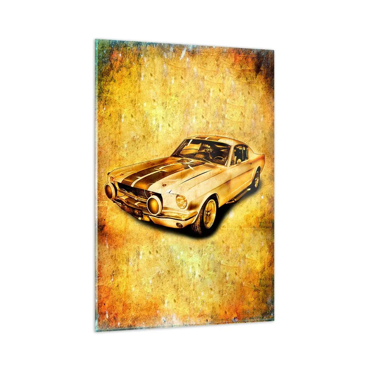 Impression sur verre - Image sur verre - Voiture de sport rétro classique sur fond vintage dans des tons dorés - 80x120cm - La folie des années 70 - Décoration murale moderne pour le salon et la chambre ARTTOR