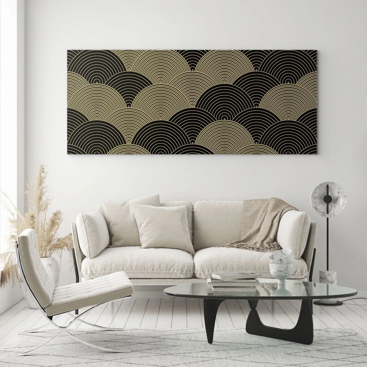 Impression sur verre - Image sur verre - Motif Art Déco avec demi-cercles et lignes dorées - 120x50cm - Unité dans la multiplicité - Décoration murale moderne pour le salon et la chambre ARTTOR