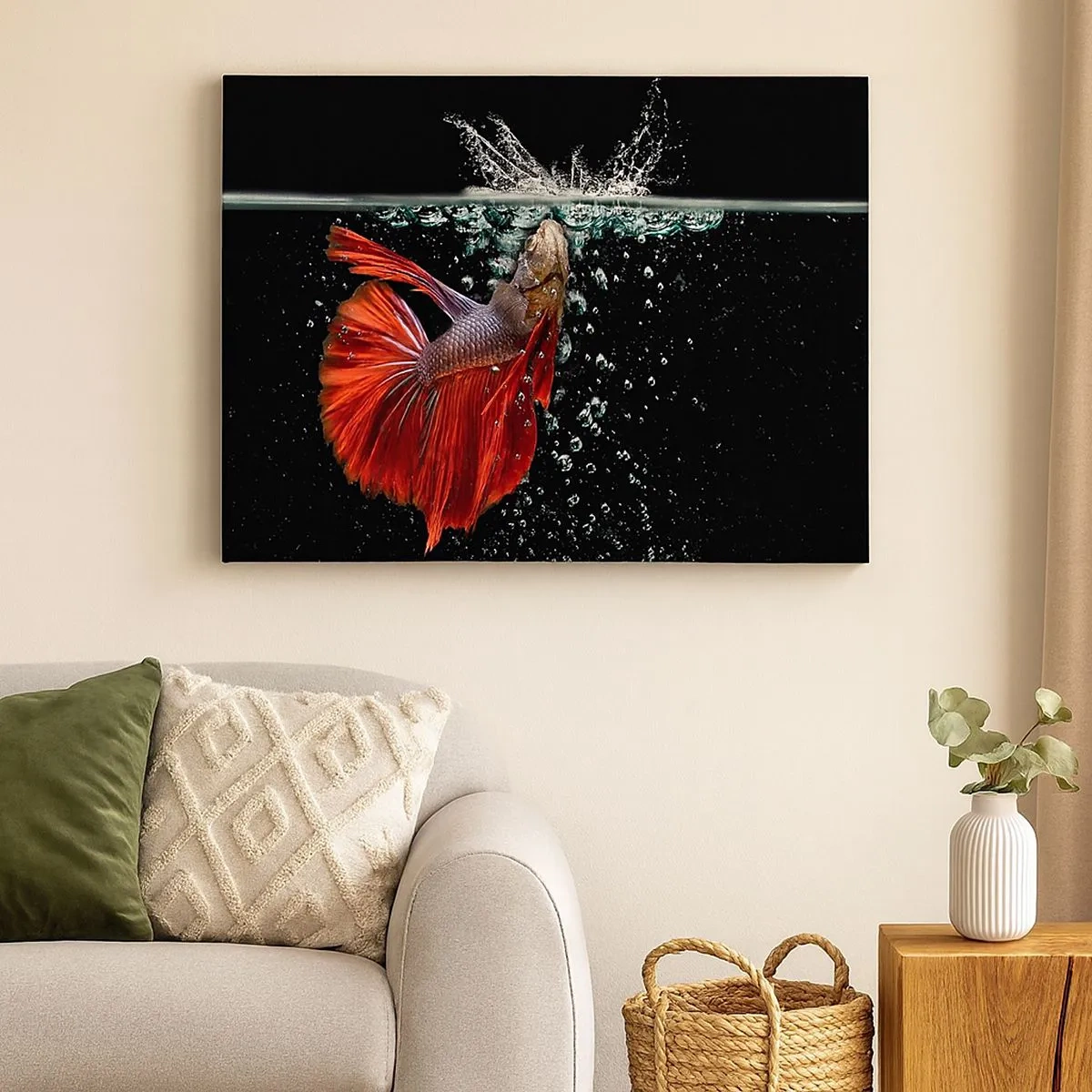 Impression sur toile - Image sur toile - Un magnifique betta dans l'eau sur un fond sombre - 70x50cm - Vous avez trois vœux - Décoration murale moderne pour le salon et la chambre ARTTOR