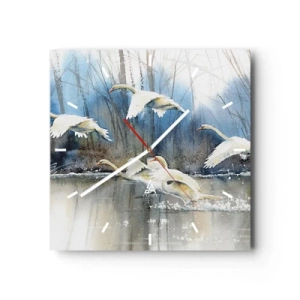 Horloge murale - Pendule murale - Cygnes en vol au-dessus d'un lac gelé dans un paysage hivernal - 30x30cm - Comme dans un conte de fées sur les cygnes sauvages - Décoration murale moderne pour le salon et la chambre ARTTOR