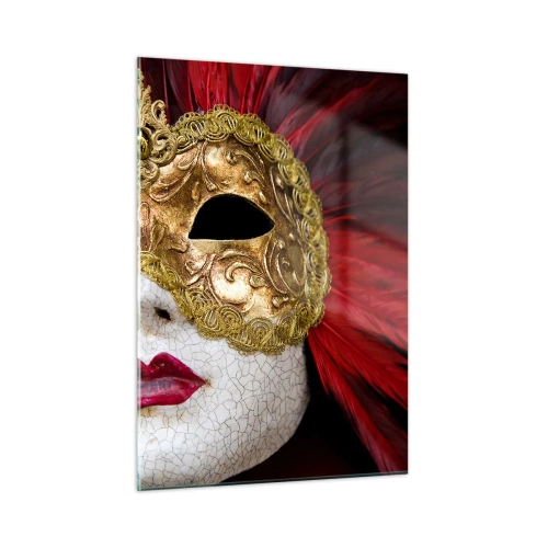 Impression sur verre - Image sur verre - Masque de carnaval doré avec plumes rouges - 50x70cm - La promesse d'une aventure carnavalesque - Décoration murale moderne pour le salon et la chambre ARTTOR