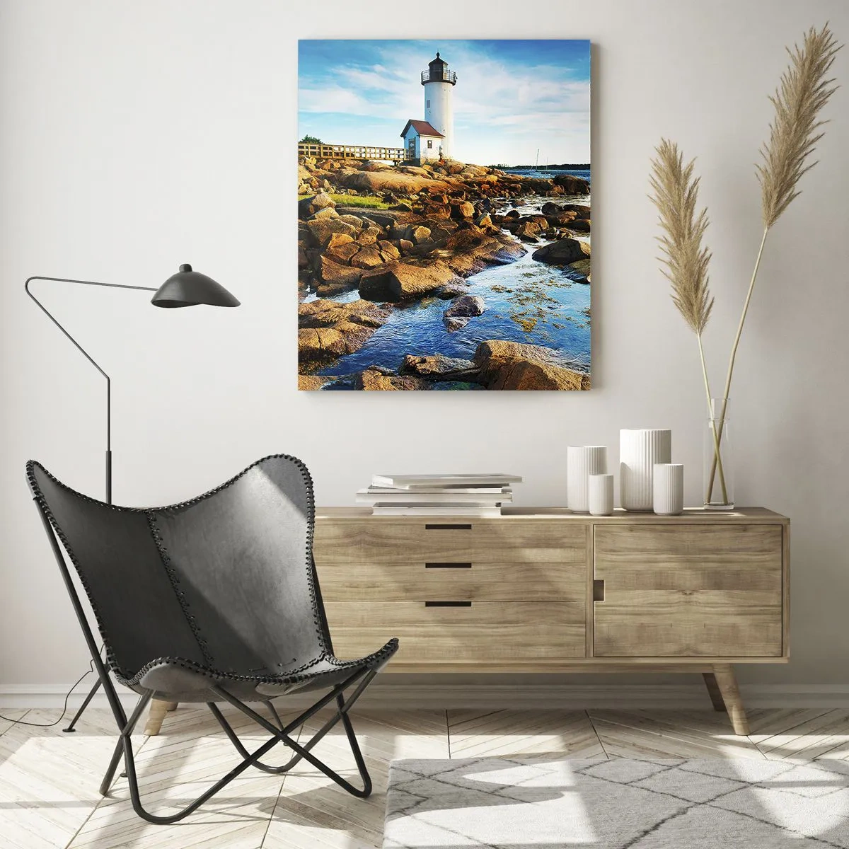 Impression sur verre - Image sur verre - Un phare sur une côte rocheuse par une journée ensoleillée - 70x100cm - Revenez heureux, j'attends - Décoration murale moderne pour le salon et la chambre ARTTOR