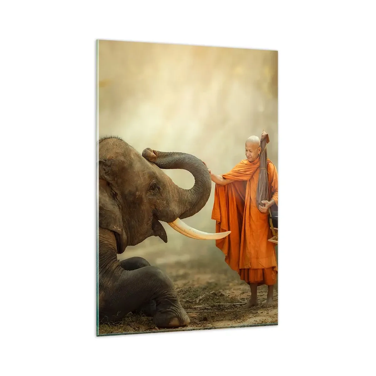Impression sur verre - Image sur verre - Un moine et un éléphant en harmonie avec la nature en toile de fond - 80x120cm - Rencontre en voyageant - Décoration murale moderne pour le salon et la chambre ARTTOR