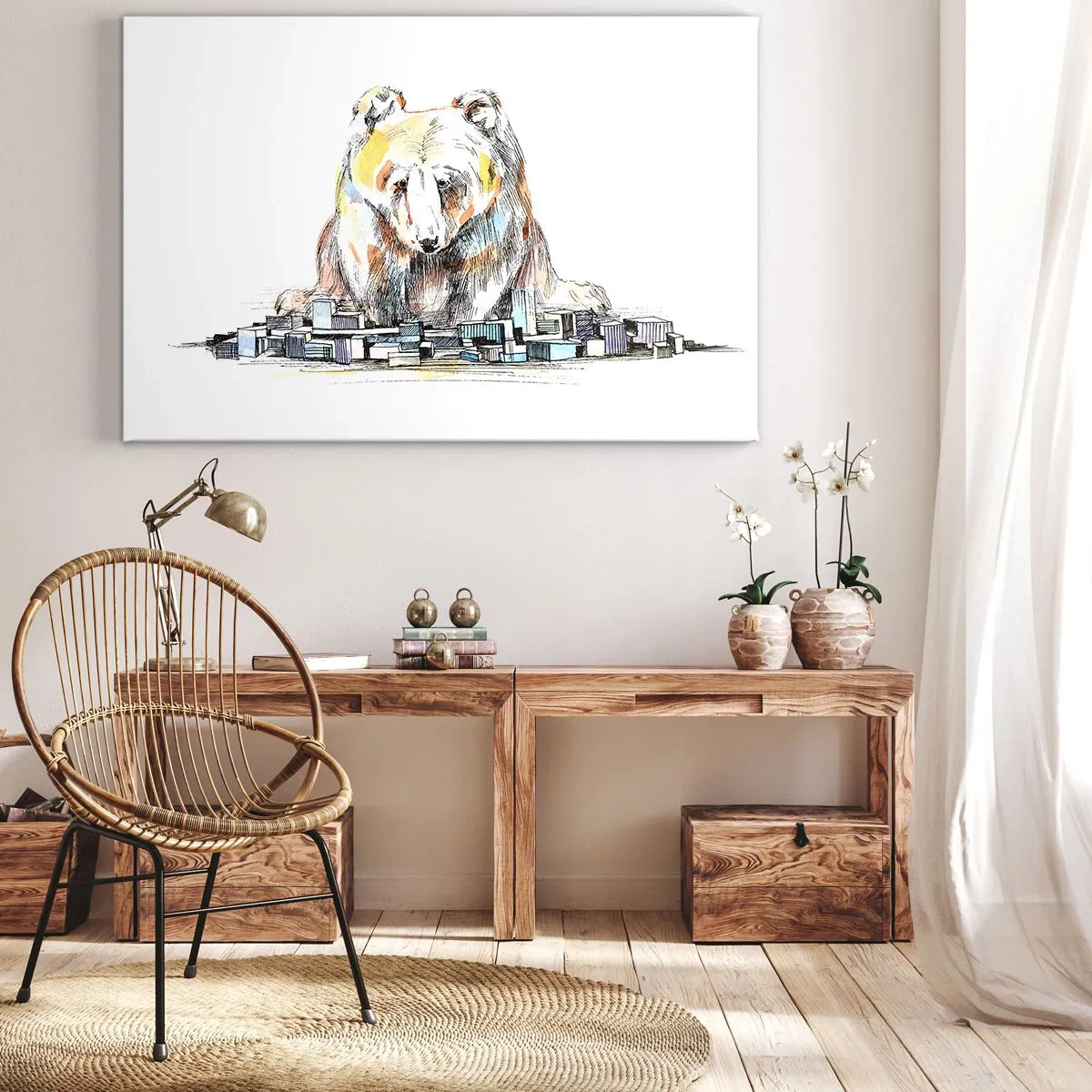 Impression sur toile - Image sur toile - Illustration d'un ours avec des détails et des blocs colorés - 120x80cm - Comment peut-on vivre ainsi ? - Décoration murale moderne pour le salon et la chambre ARTTOR