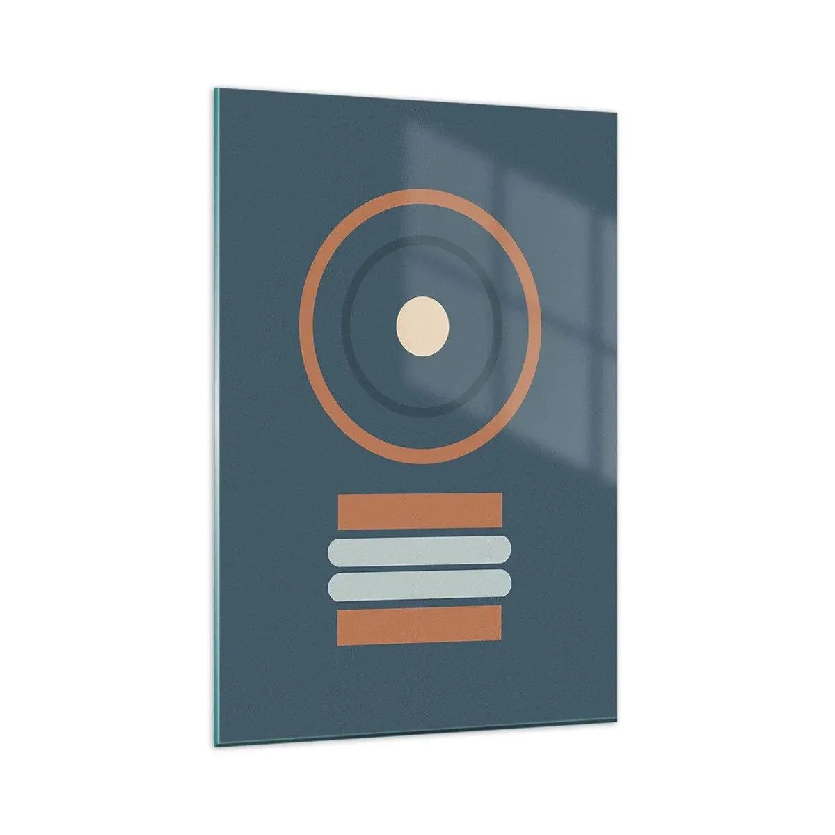 Impression sur verre - Image sur verre - Une composition géométrique avec des cercles et des rectangles aux couleurs sobres. - 80x120cm - Essence des choses - Décoration murale moderne pour le salon et la chambre ARTTOR