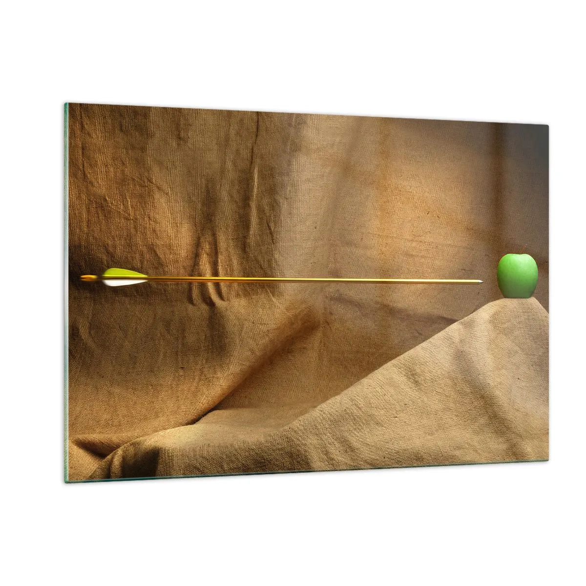 Impression sur verre - Image sur verre - Une pomme verte sur fond beige avec une flèche la transperçant. - 120x80cm - Invoquer l'esprit de Guillaume Tell - Décoration murale moderne pour le salon et la chambre ARTTOR