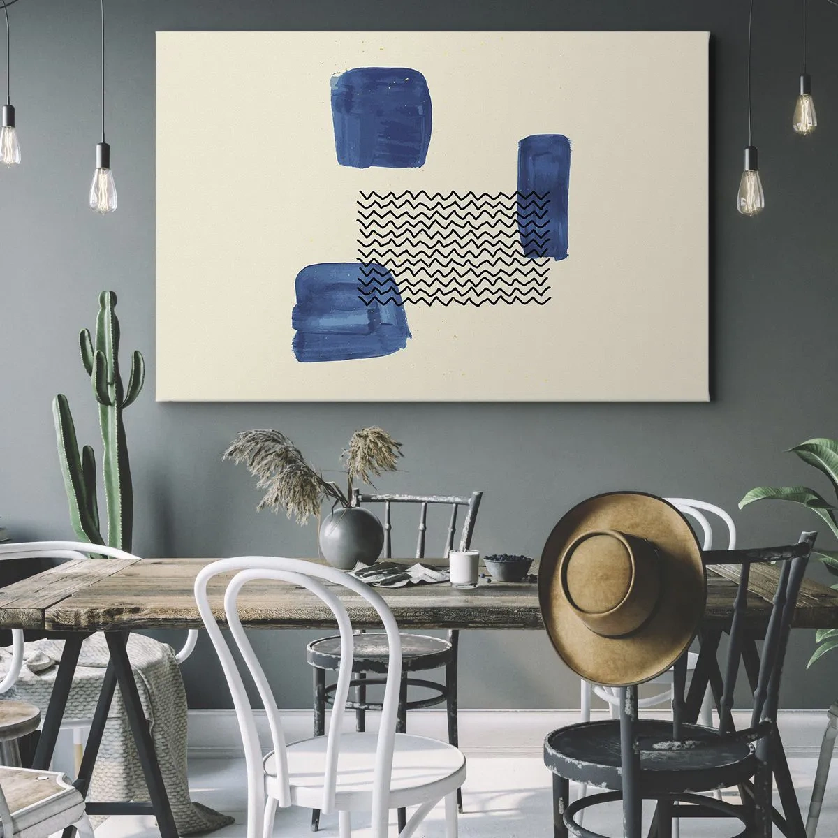 Impression sur toile - Image sur toile - Composition abstraite avec des taches bleues et des lignes ondulées - 100x70cm - Quatuor abstrait - Décoration murale moderne pour le salon et la chambre ARTTOR