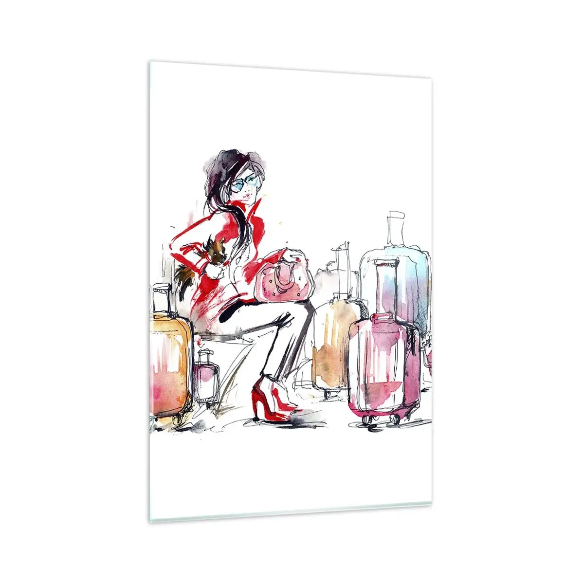 Impression sur verre - Image sur verre - Une femme avec des valises dans une illustration aquarelle dynamique - 80x120cm - Asseyons-nous avant le voyage - Décoration murale moderne pour le salon et la chambre ARTTOR