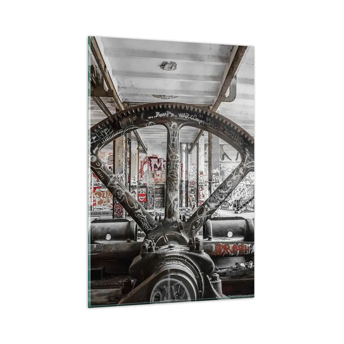 Impression sur verre - Image sur verre - Un vieux mécanisme dans un intérieur industriel abandonné - 80x120cm - Vie secrète d'une usine - Décoration murale moderne pour le salon et la chambre ARTTOR