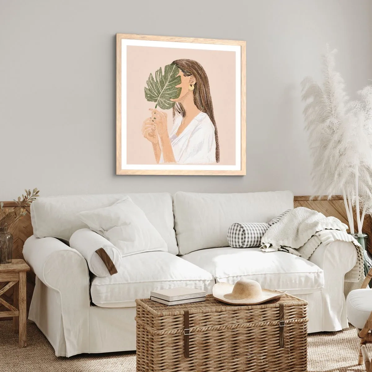 Affiche dans un chêne clair - Poster - Portrait mystérieux avec un éventail - 60x60 cm