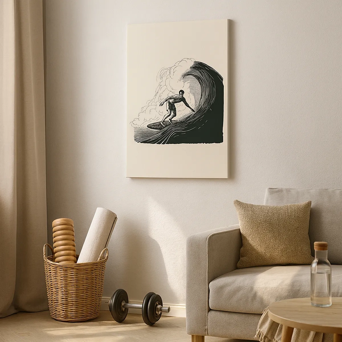 Impression sur toile - Image sur toile - Graphique en noir et blanc d'un surfeur sur une vague - 50x70cm - Le roi de la vague - Décoration murale moderne pour le salon et la chambre ARTTOR