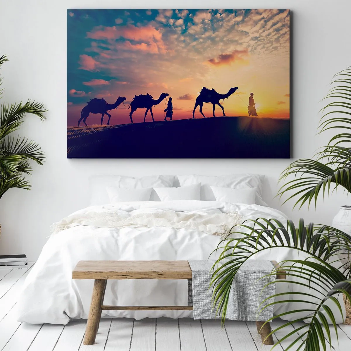 Impression sur toile - Image sur toile - Une caravane de chameaux errant dans le désert au coucher du soleil - 120x80cm - L'esprit mystérieux de l'Orient - Décoration murale moderne pour le salon et la chambre ARTTOR