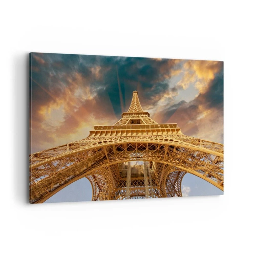 Impression sur toile - Image sur toile - La Tour Eiffel vue d'en bas sur fond de soleil couchant - 120x80cm - Comment l'humanité a atteint le ciel - Décoration murale moderne pour le salon et la chambre ARTTOR