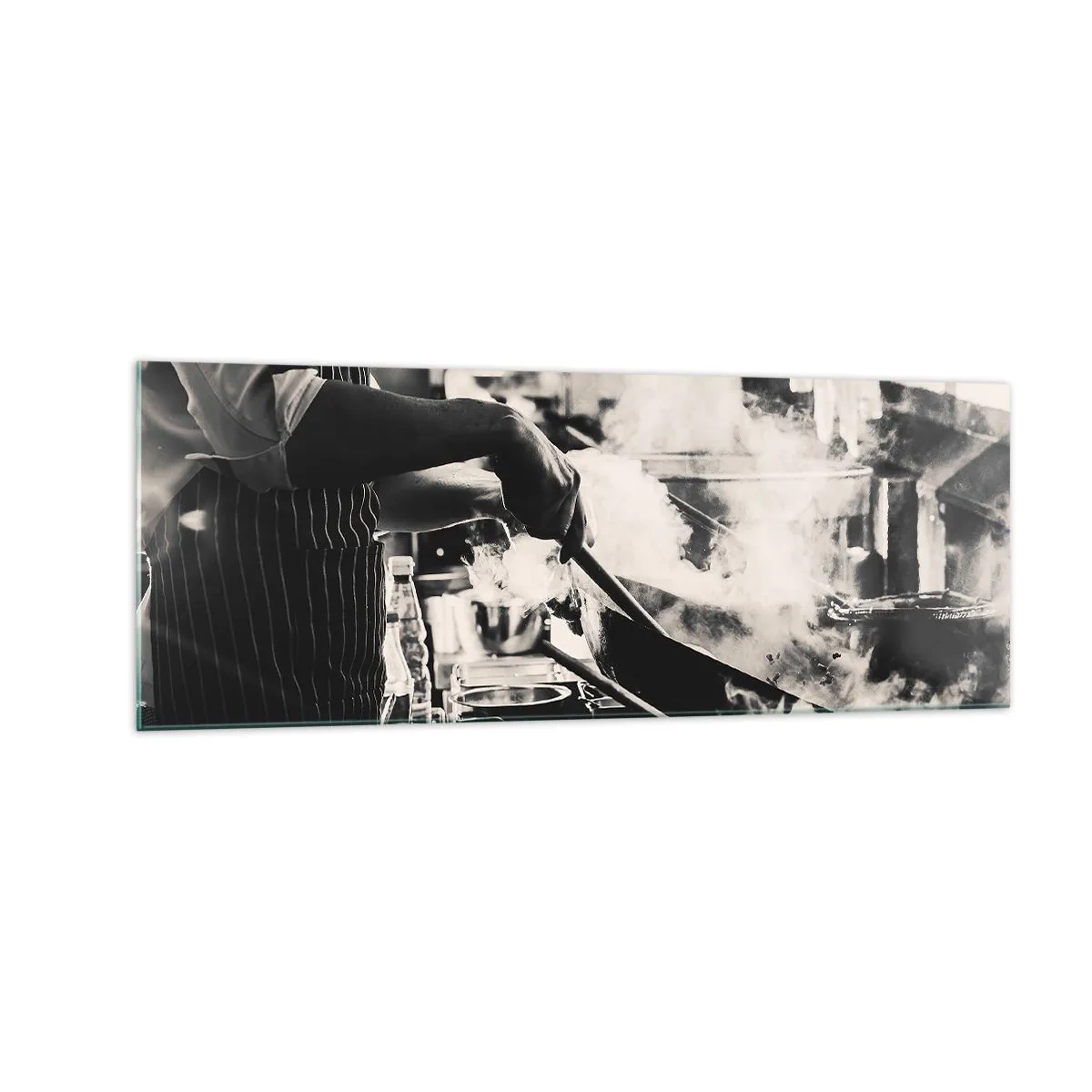 Impression sur verre - Image sur verre - Un chef au travail dans la cuisine avec de la vapeur s'élevant d'une poêle à frire - 140x50cm - Alchimie des saveurs - Décoration murale moderne pour le salon et la chambre ARTTOR