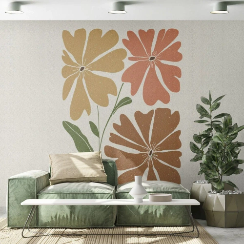 Papier Peint Photo Premium Sand - Trois fleurs stylisées aux tons terreux - 100x70cm - Nature et géométrie - Décoration murale moderne pour le salon et la chambre ARTTOR