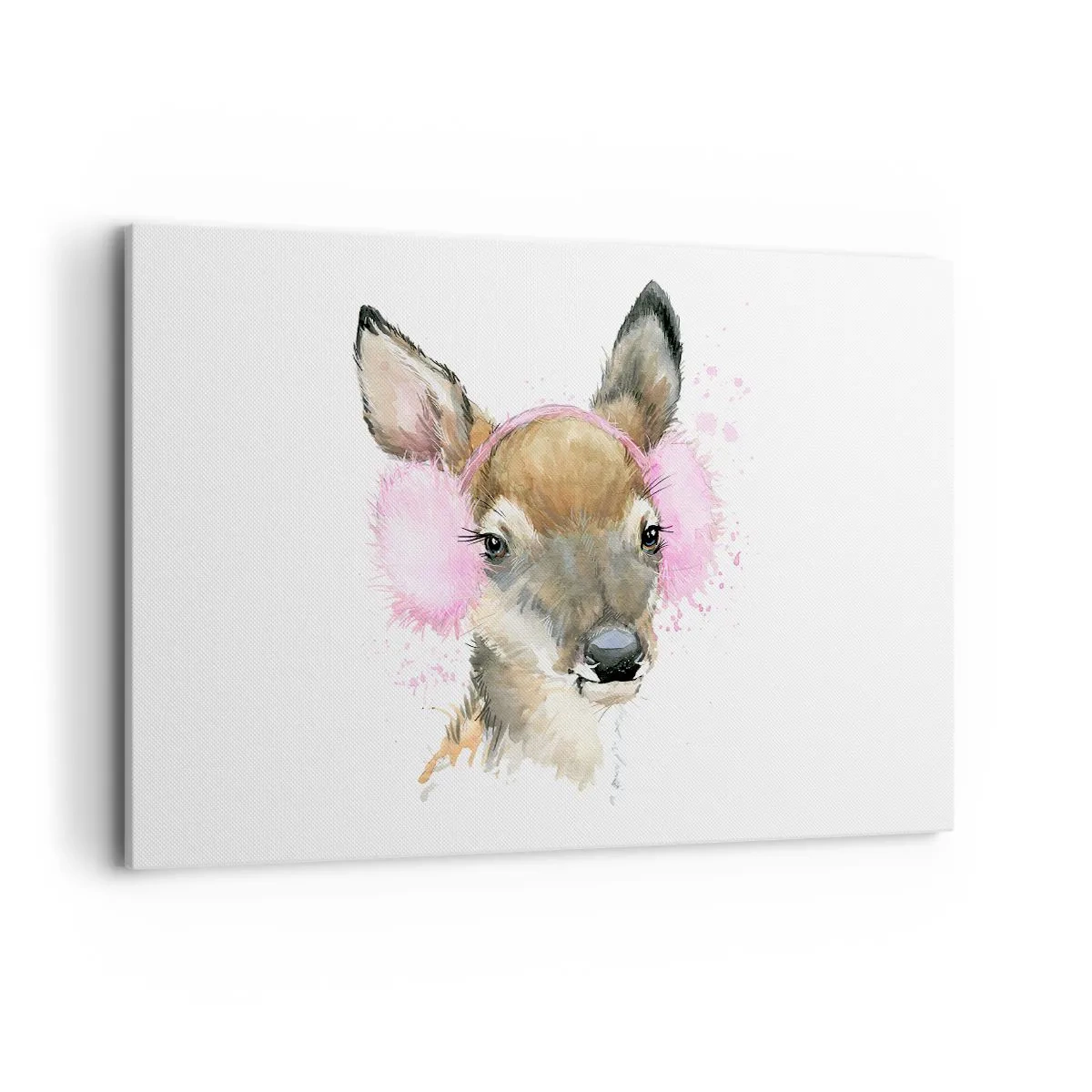 Impression sur toile - Image sur toile - Cerf aquarelle avec cache-oreilles roses - 120x80cm - Et le gel n'effraie plus - Décoration murale moderne pour le salon et la chambre ARTTOR