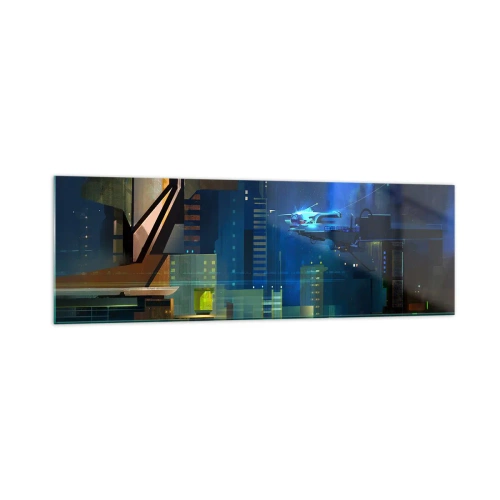 Impression sur verre - Image sur verre - Ville futuriste la nuit avec des néons et un véhicule volant - 160x50cm - Dans le futur proche - Décoration murale moderne pour le salon et la chambre ARTTOR