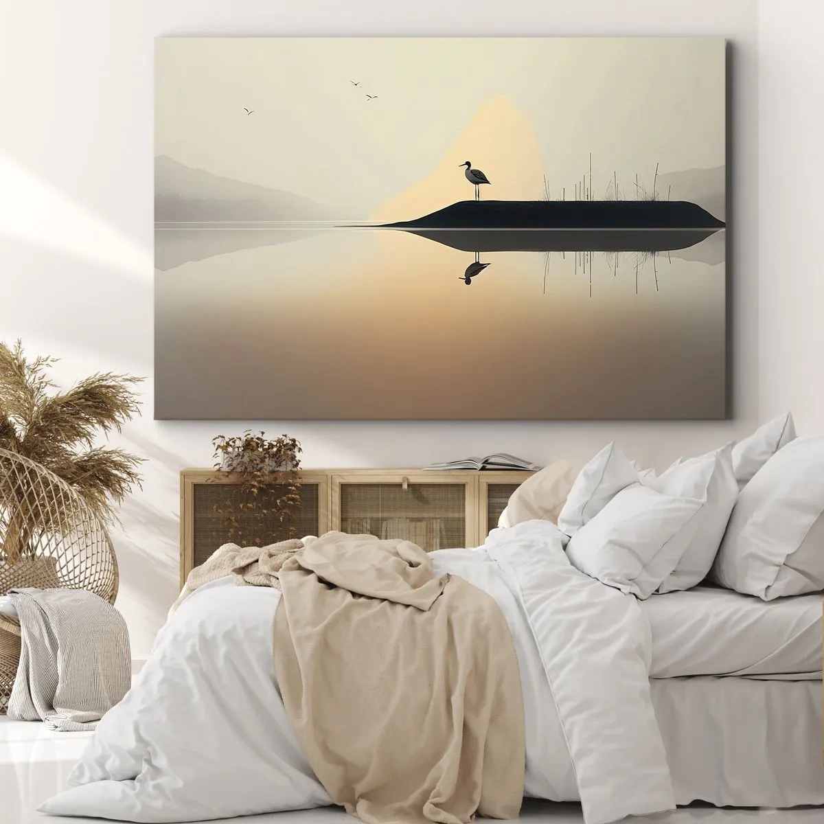 Impression sur toile - Image sur toile - Un oiseau sur une île dans un lac calme aux teintes chaudes - 100x70cm - Le seigneur du lac - Décoration murale moderne pour le salon et la chambre ARTTOR