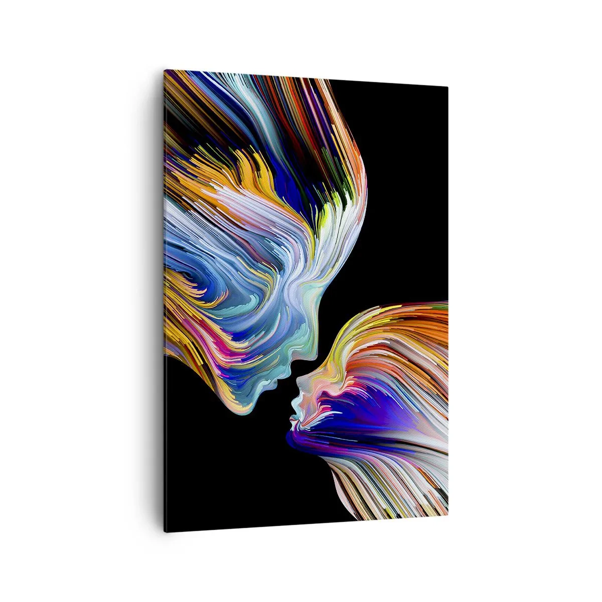 Impression sur toile - Image sur toile - Silhouettes colorées de visages dans des flux dynamiques sur fond noir - 70x100cm - Une fusion d'énergie et de lumière - Décoration murale moderne pour le salon et la chambre ARTTOR