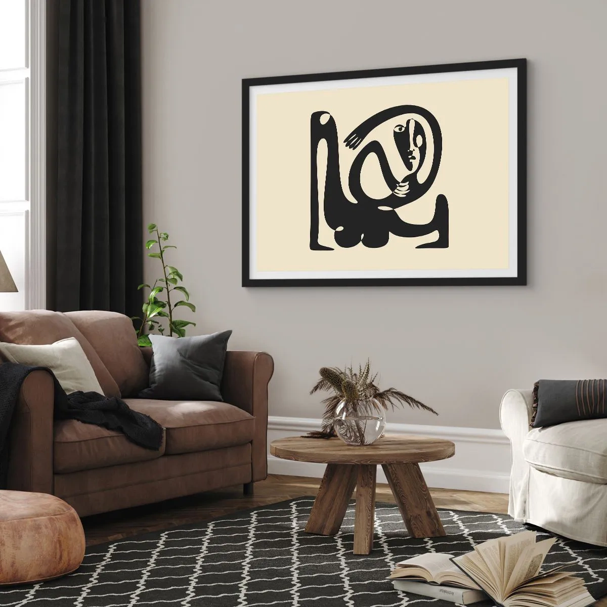 Affiche dans un cadre noir - Poster - Une figure abstraite en noir sur fond beige - 70x50cm - Presque du Picasso - Décoration murale moderne pour le salon et la chambre ARTTOR
