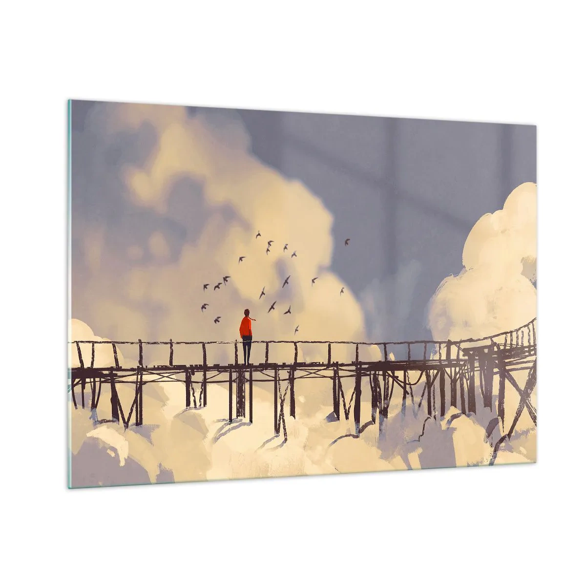 Impression sur verre - Image sur verre - Un homme sur un pont en bois entouré de nuages - 100x70cm - Bleu nostalgie - Décoration murale moderne pour le salon et la chambre ARTTOR