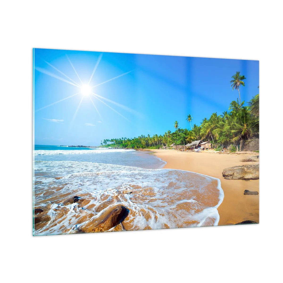 Impression sur verre - Image sur verre - Plage tropicale avec palmiers et vagues sous un ciel bleu - 100x70cm - Un endroit exotique pour vous - Décoration murale moderne pour le salon et la chambre ARTTOR