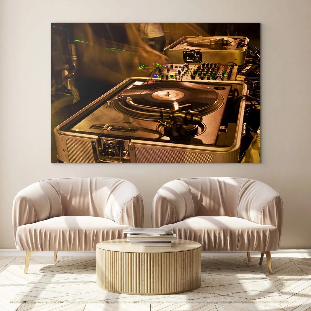 Impression sur verre - Image sur verre - Une platine sur fond de fête avec des effets de lumière dynamiques - 100x70cm - Sentez-vous cette force? - Décoration murale moderne pour le salon et la chambre ARTTOR