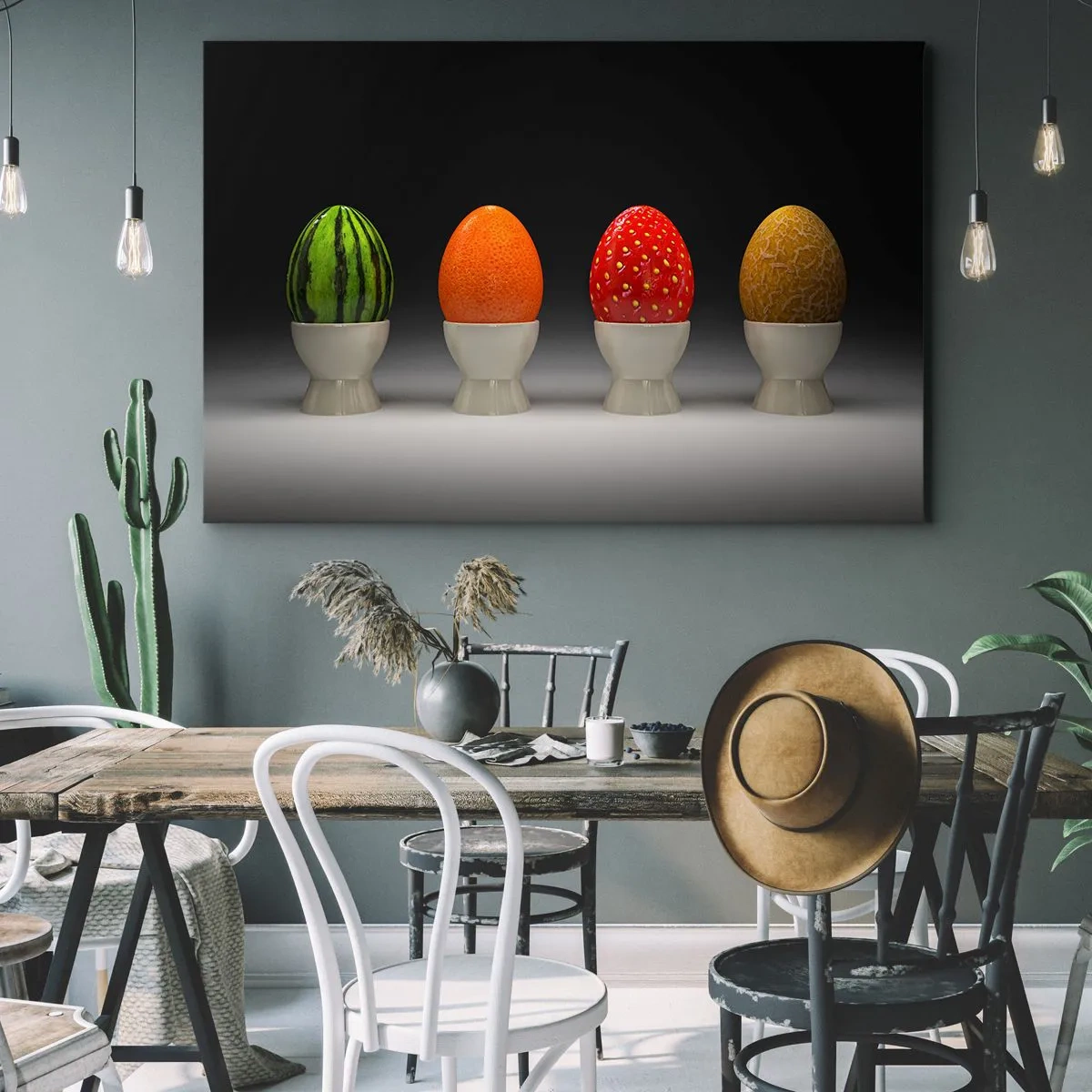 Impression sur toile - Image sur toile - Œufs colorés ressemblant à des fruits sur un fond sombre - 70x50cm - Petit-déjeuner fruité - Décoration murale moderne pour le salon et la chambre ARTTOR