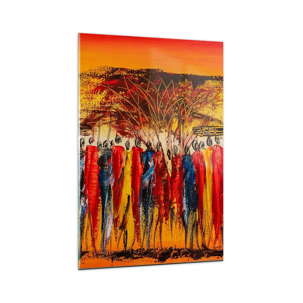 Impression sur verre - Image sur verre - Une scène colorée avec des personnages africains sur fond de soleil couchant. - 70x100cm - Là-bas, là-bas, ils vont là-bas - Décoration murale moderne pour le salon et la chambre ARTTOR