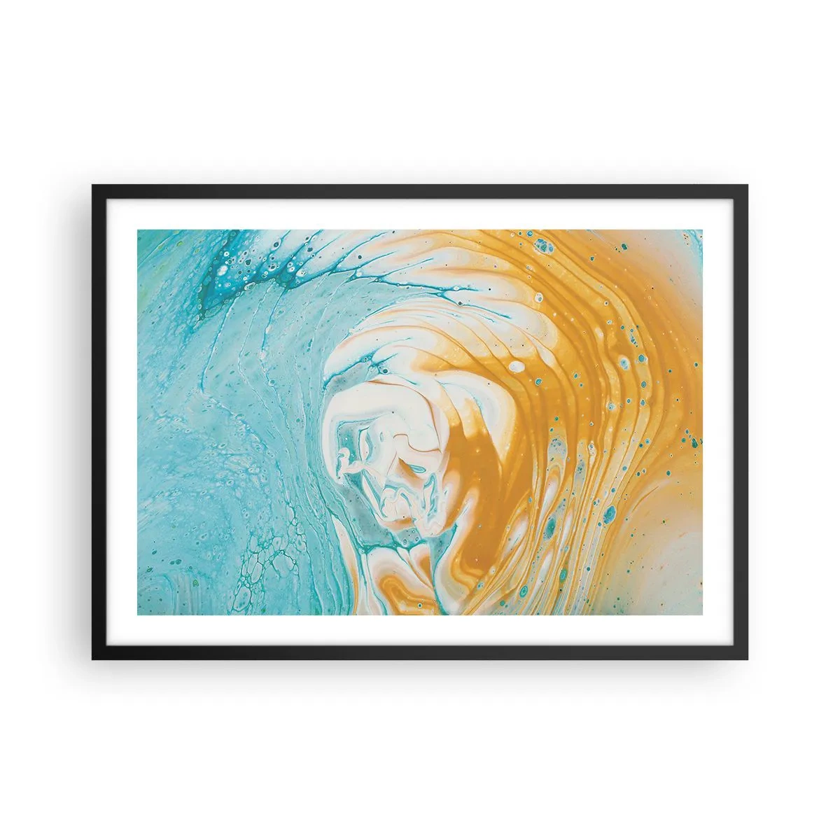 Affiche dans un cadre noir - Poster - Vagues abstraites dans des tons de bleu et d'or sur toile - 70x50cm - Tourbillon pastel - Décoration murale moderne pour le salon et la chambre ARTTOR