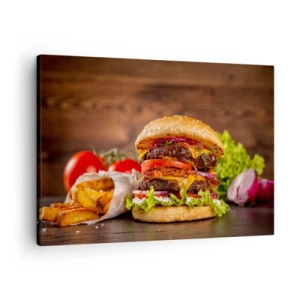 Impression sur toile - Image sur toile - Burger appétissant avec extras - 70x50cm - Le fruit défendu - Décoration murale moderne pour le salon et la chambre ARTTOR