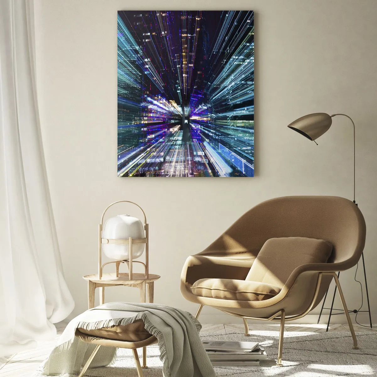 Impression sur verre - Image sur verre - Vue dynamique de la ville la nuit avec un effet de lumière - 80x120cm - Transition vers l'hyperespace - Décoration murale moderne pour le salon et la chambre ARTTOR